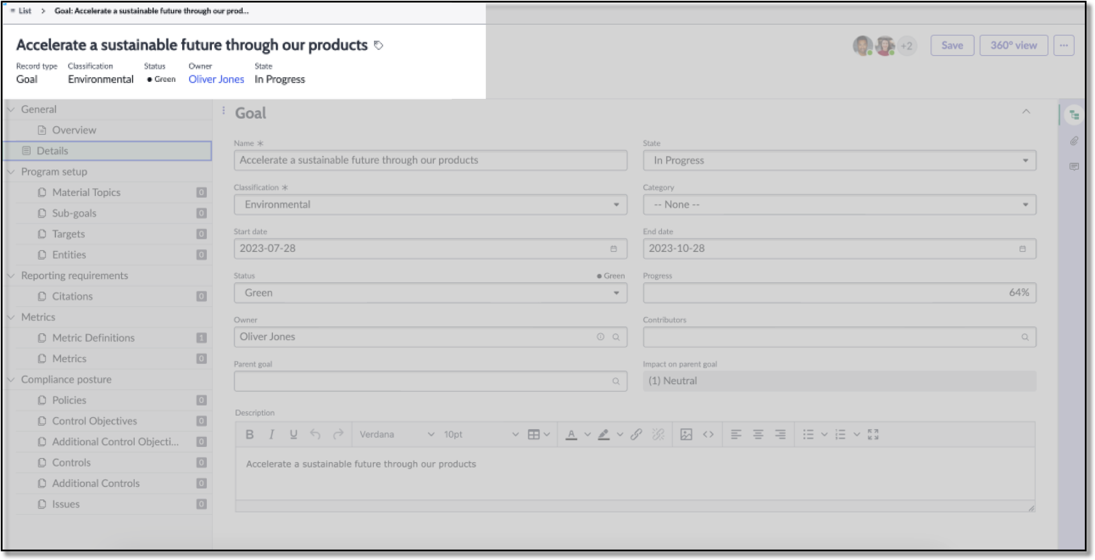 Record header showing he name of the record and details expressed as label-value pairs