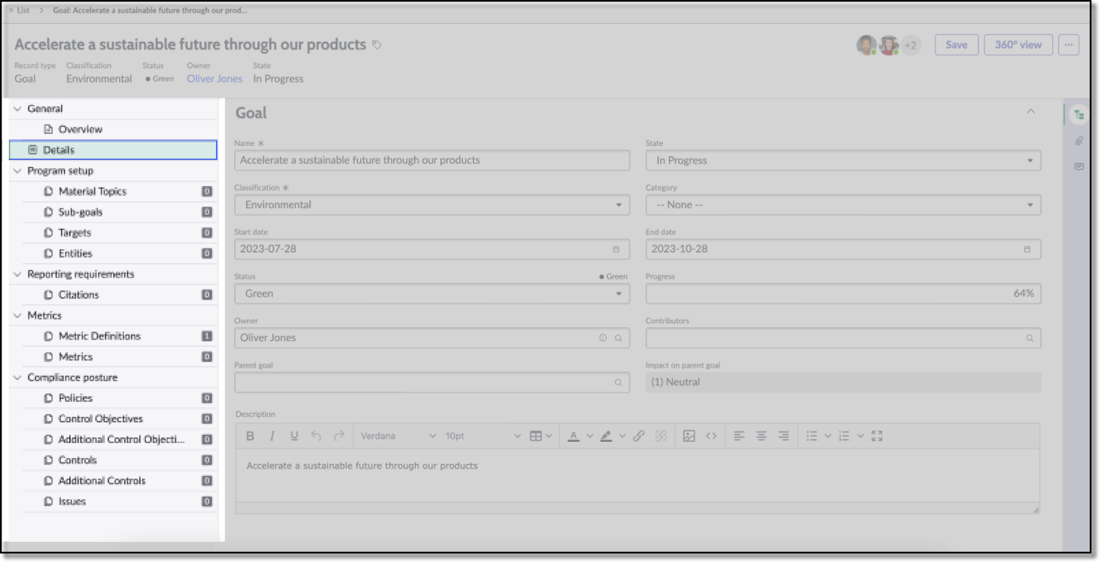 Content tree section of component