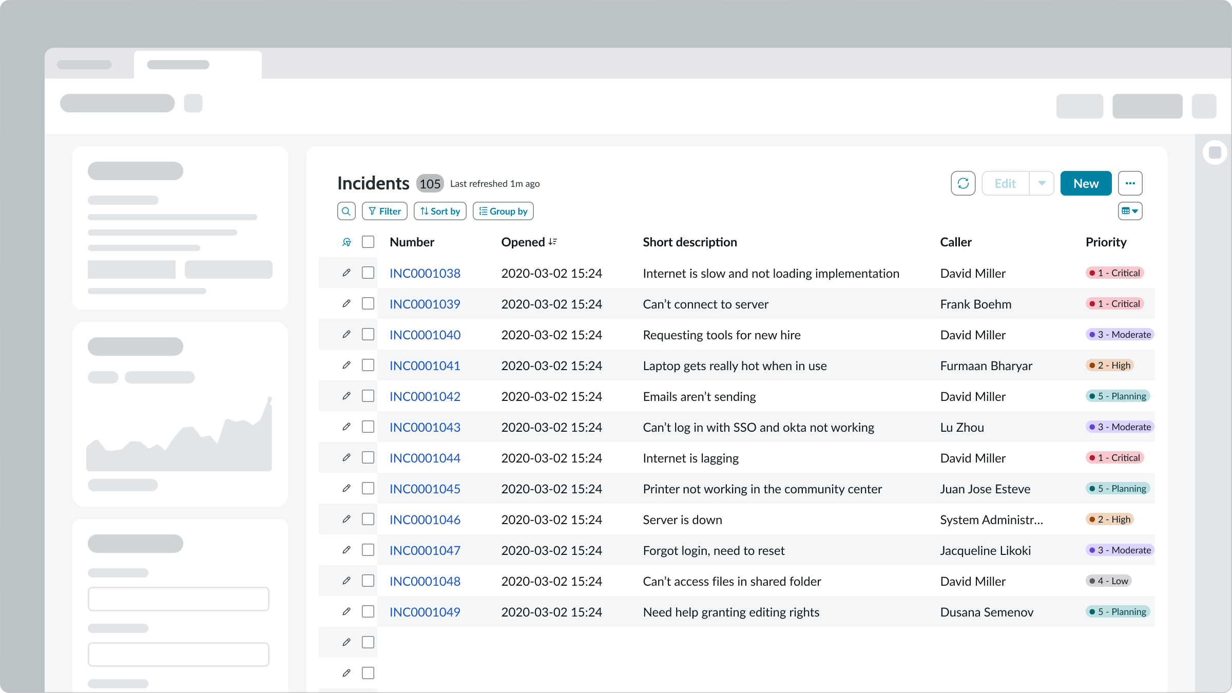 Example of the record list list used with a list menu in an app shell to display a list of incidents