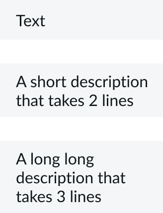 Examples of how the text in the short description of a list item wraps to the next line when it overlfows the cell