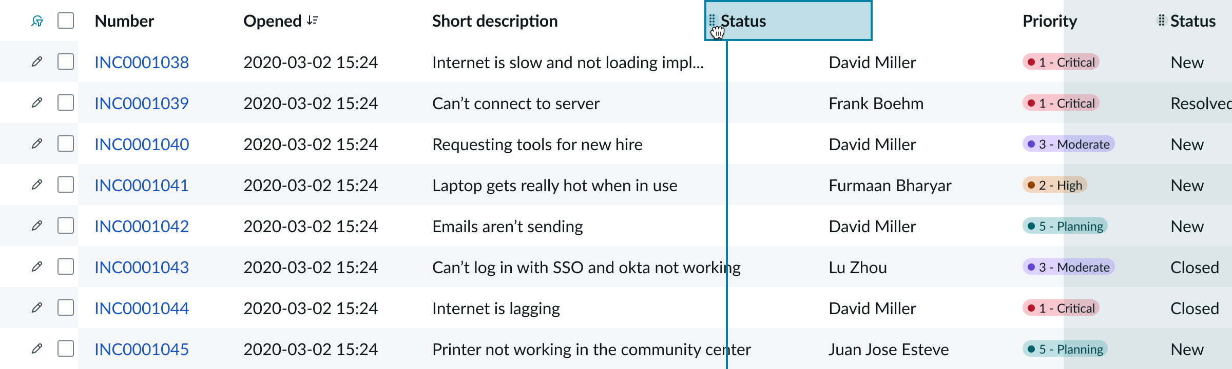 Displays a column position indicator as the column is dragged to a new location