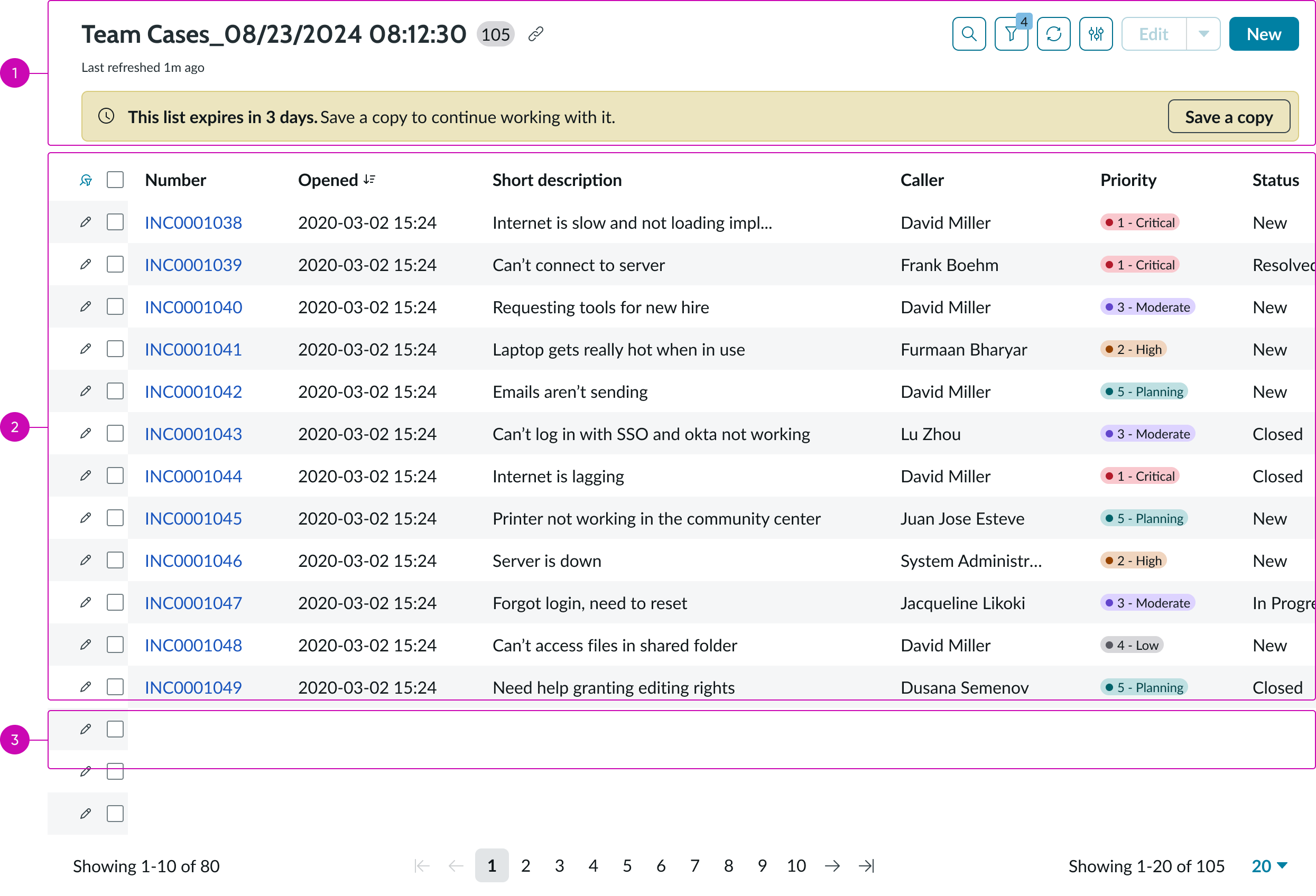 Shows the anatomy of the record list, consisting of a header, a list, and a pagination control