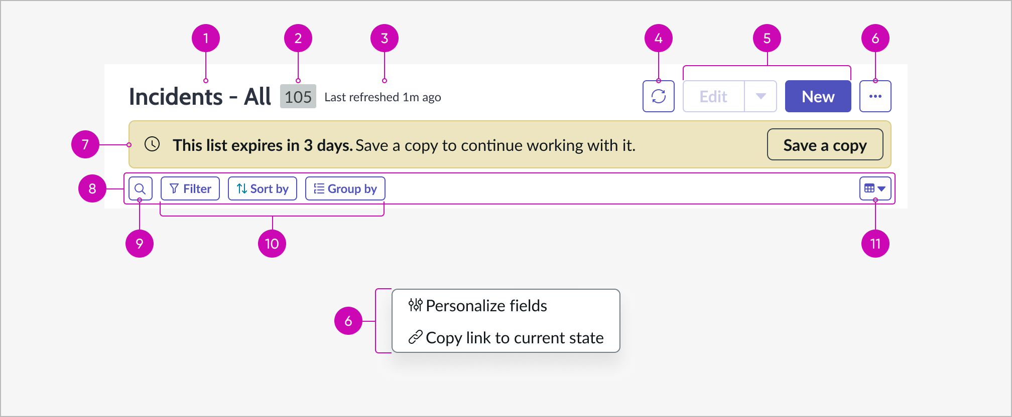 Shows the anatomy of the list header as it appears in the record list component