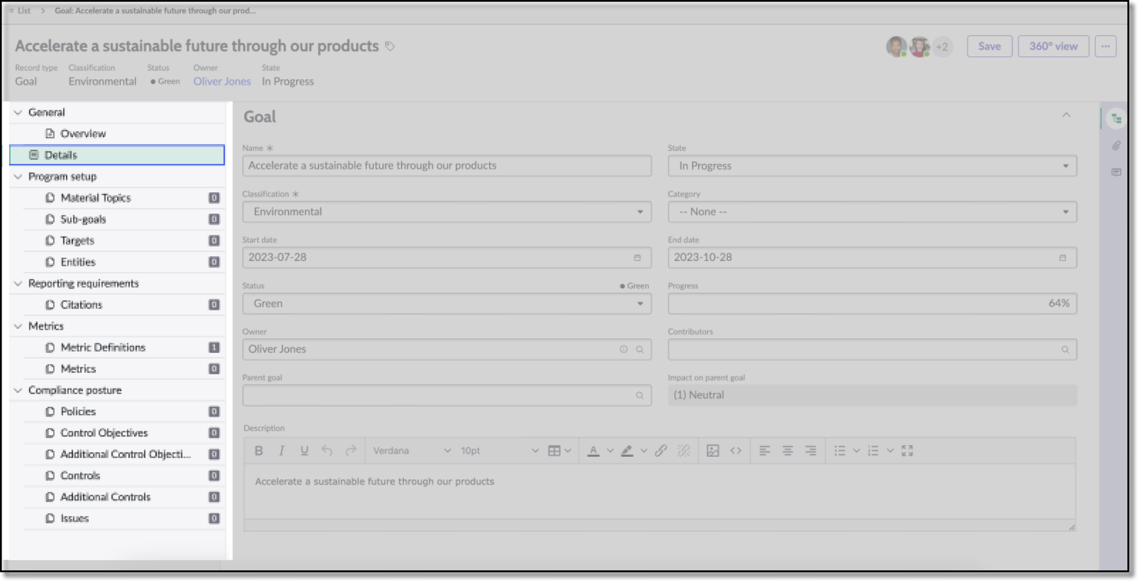 Content tree section of component