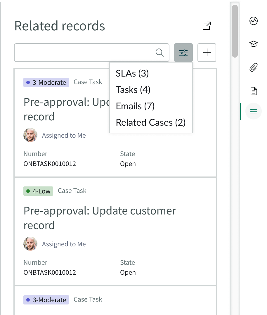 Shows the menu options for the filtering control that allow agents to filter by record types