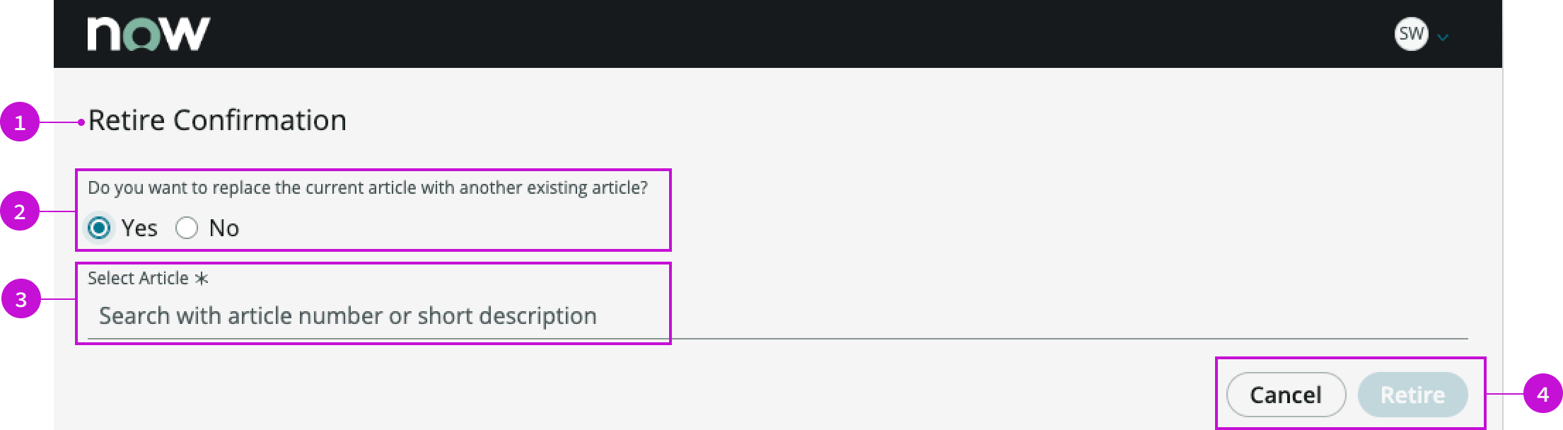 Anatomy image of the retire confirmation modal page template