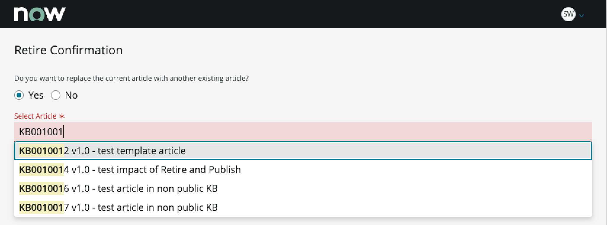 Shows the behaviors and interactions of the retire confirmation modal when searching for a replacement article