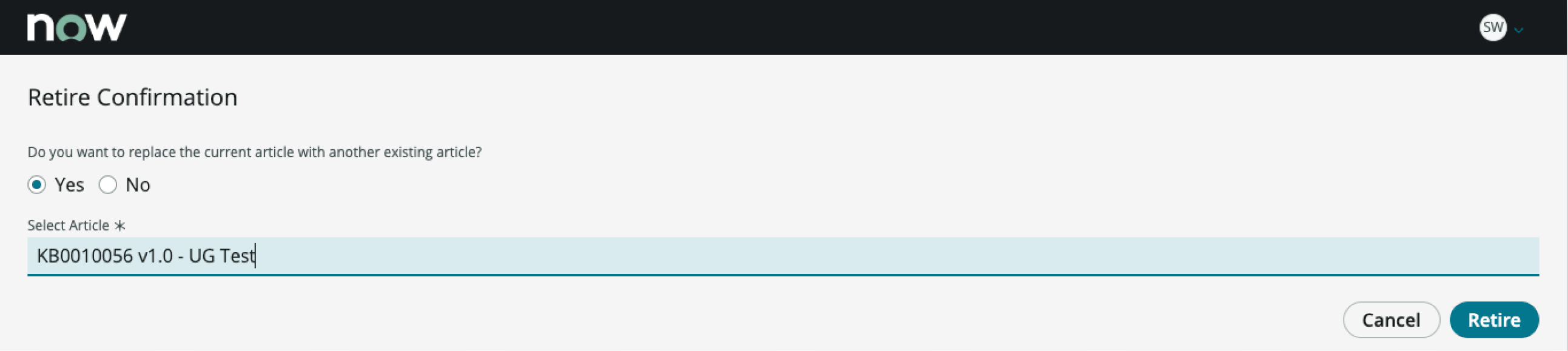 Shows the state of the search results when the user selects a replacement article