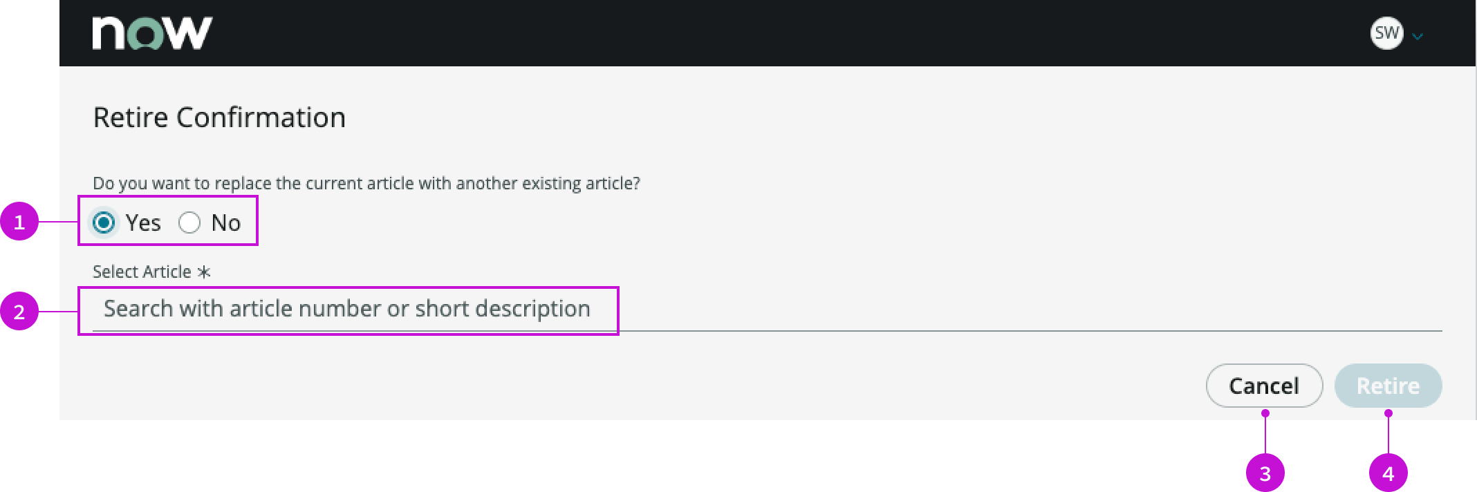 Shows the tab order for the retirement confirmation modal 