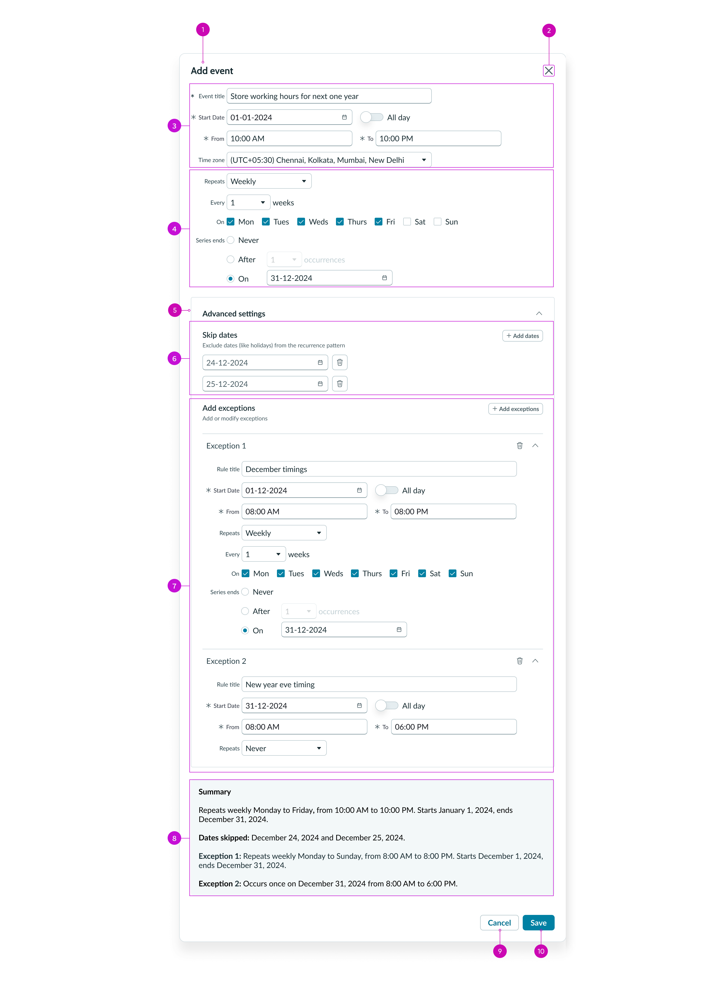 Anatomy of the Schedule recurrence component modal