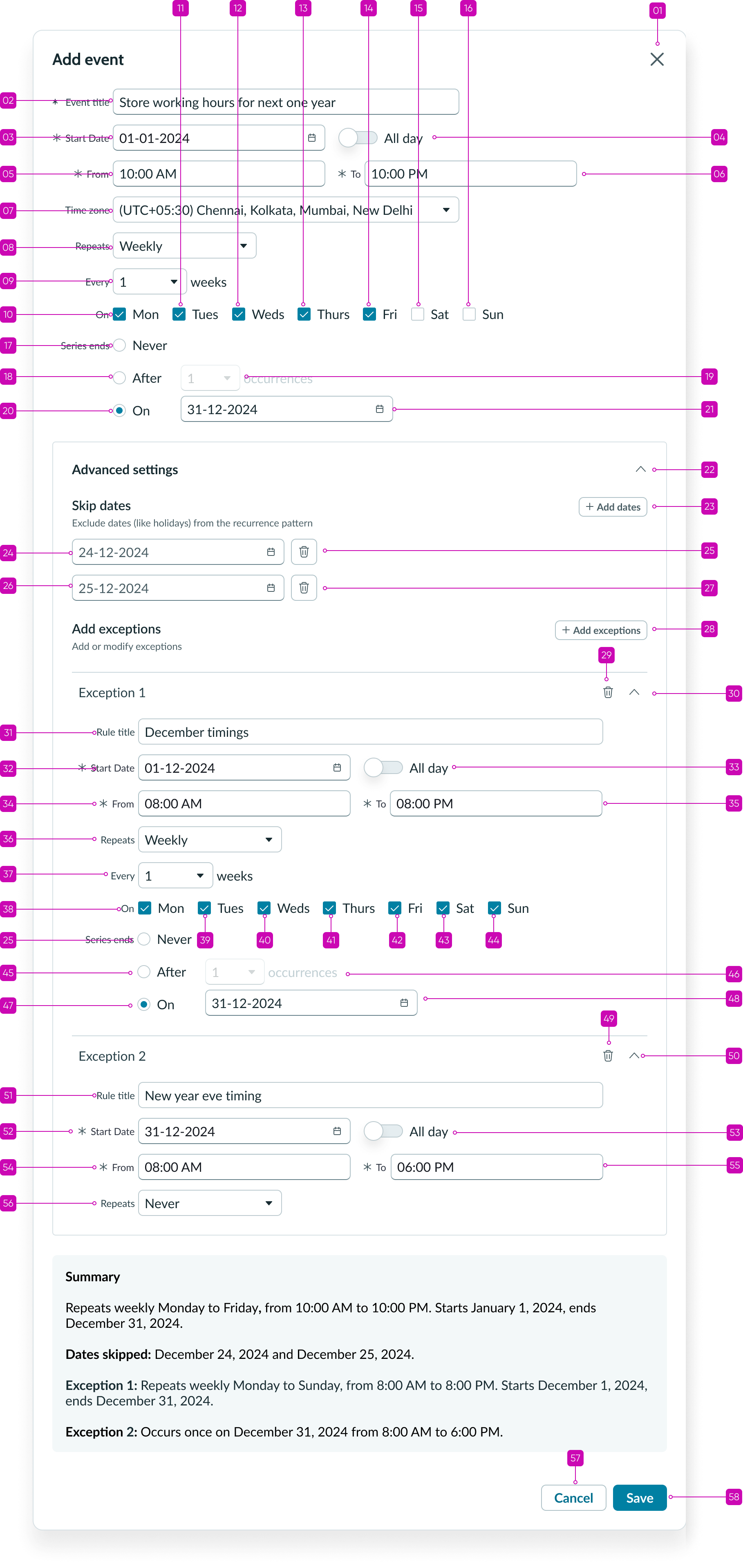 Example of the internationalized version of Schedule recurrence