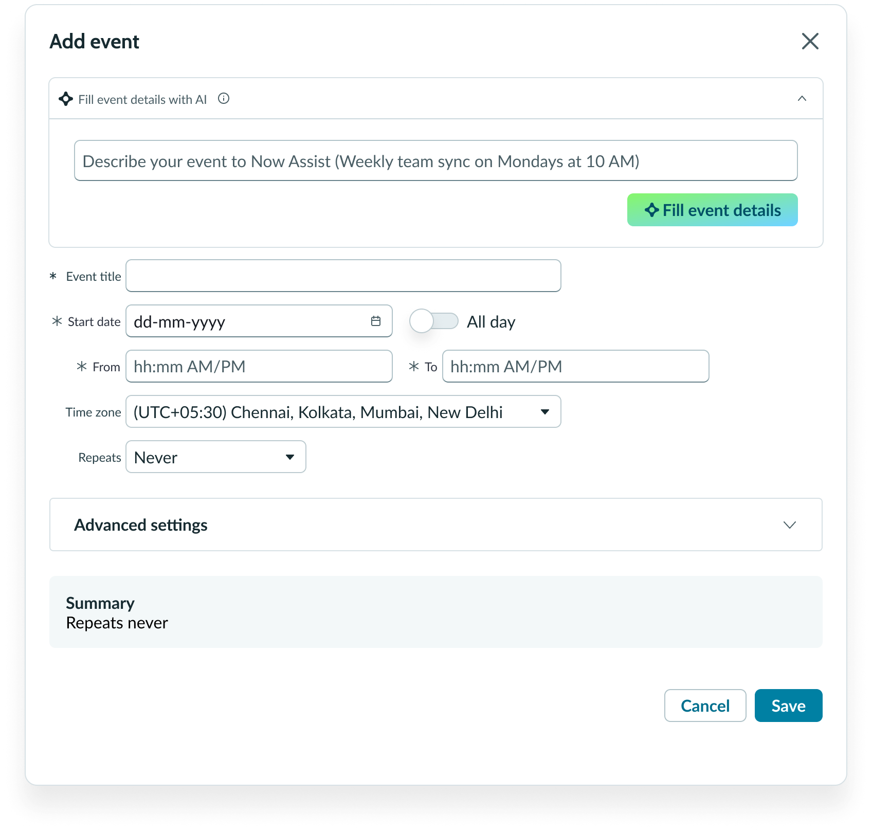 Example of the skip dates advanced settings