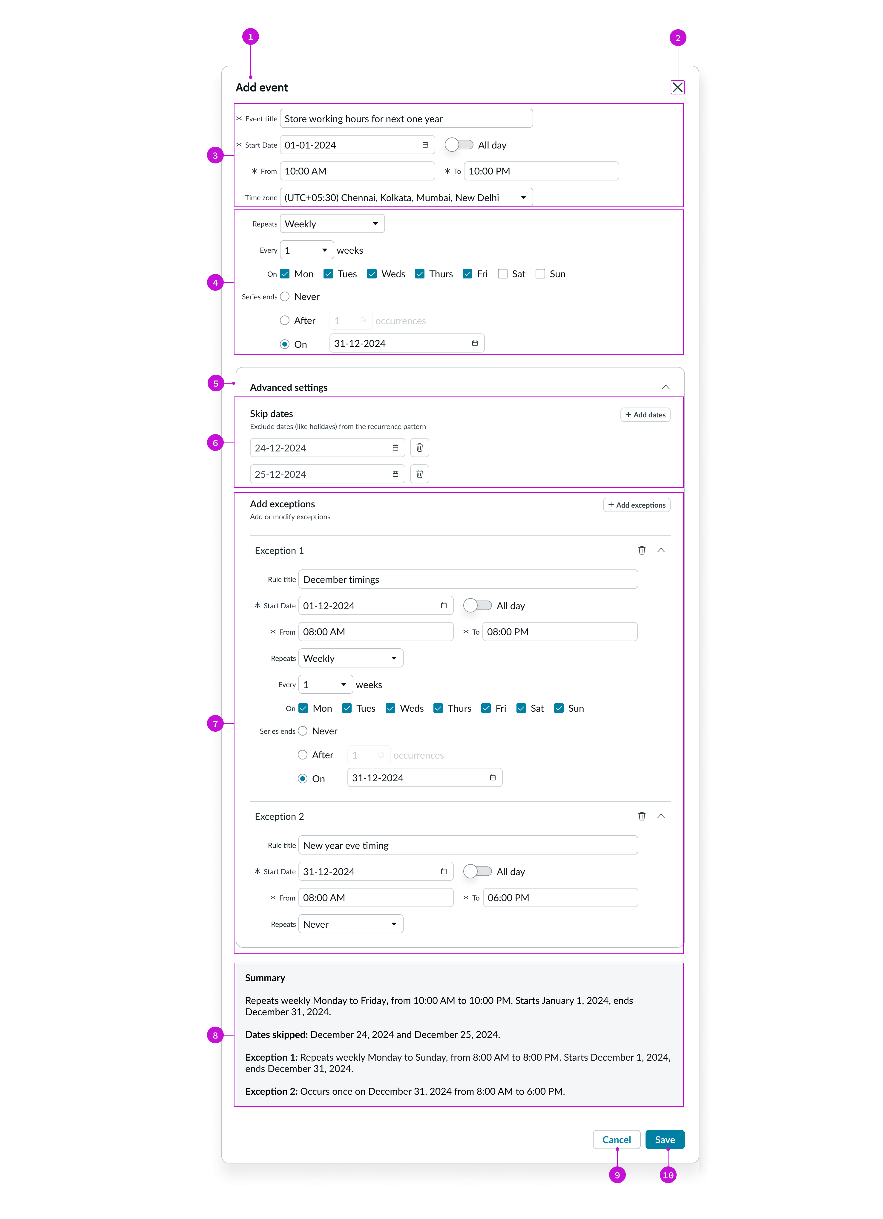 Anatomy of the Schedule recurrence component modal