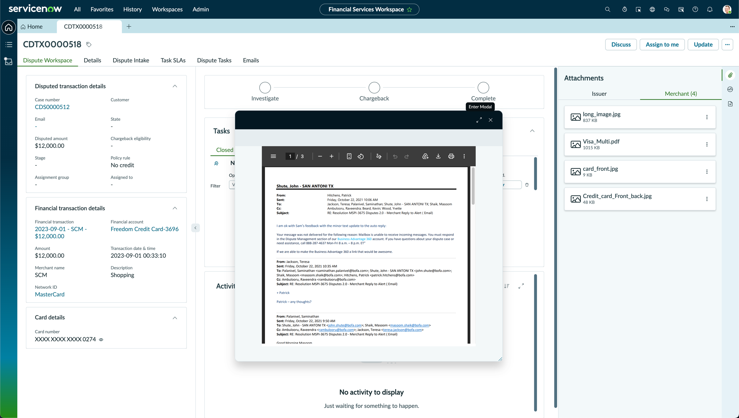 Card data security container configured to Dislay sensitive files on a dispute transaction record