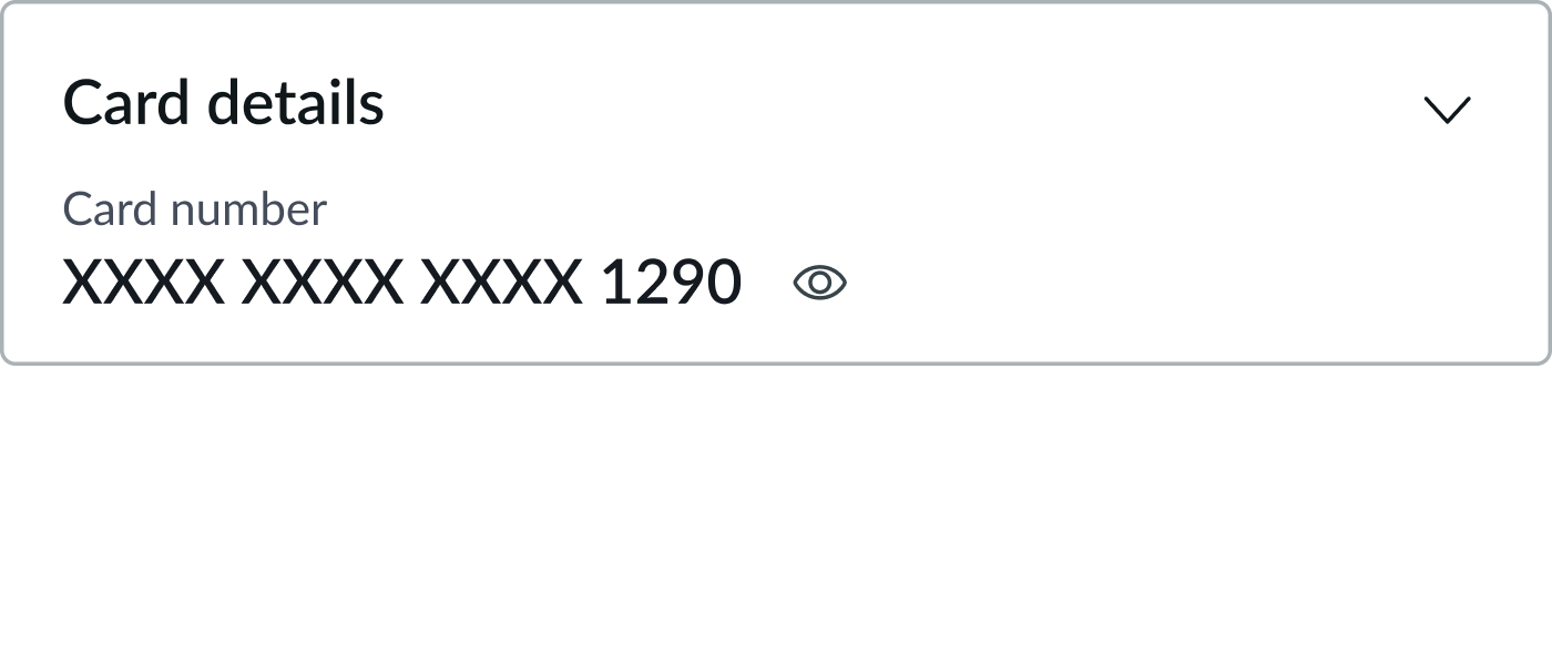 Card data security container configured to Display card data, with the card number partially masked