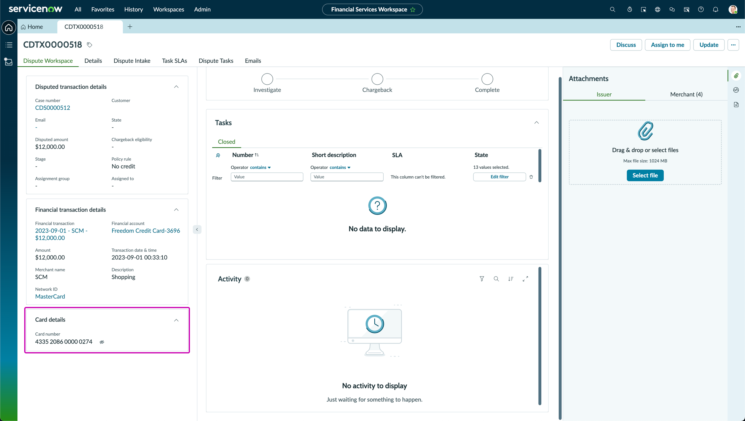 Card data security container configured to Display card data on a dispute transaction record