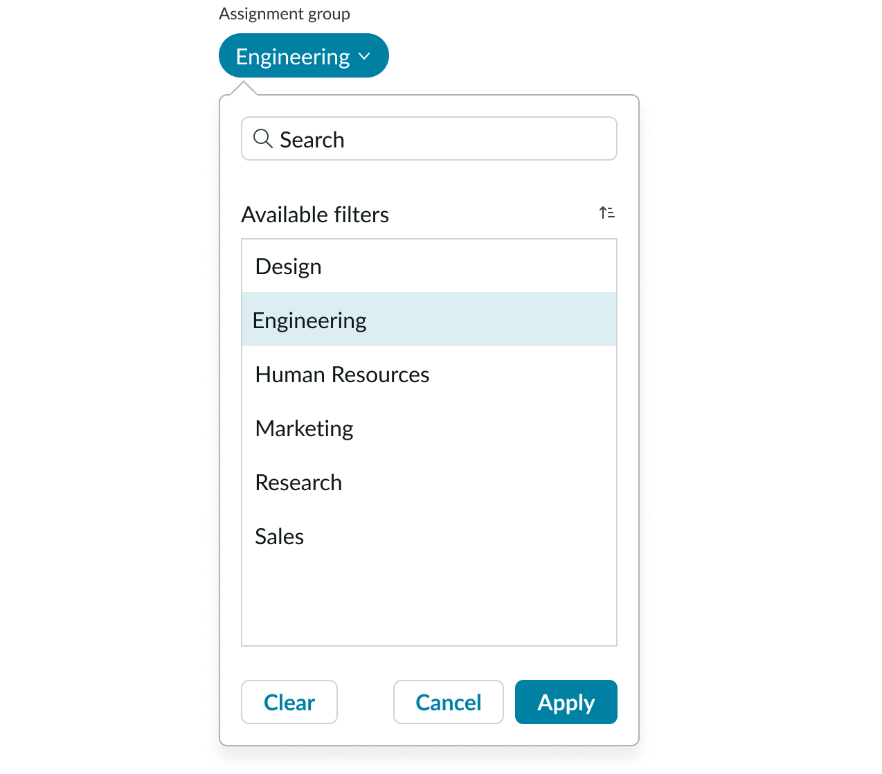 selected filter to show popover with filter options
