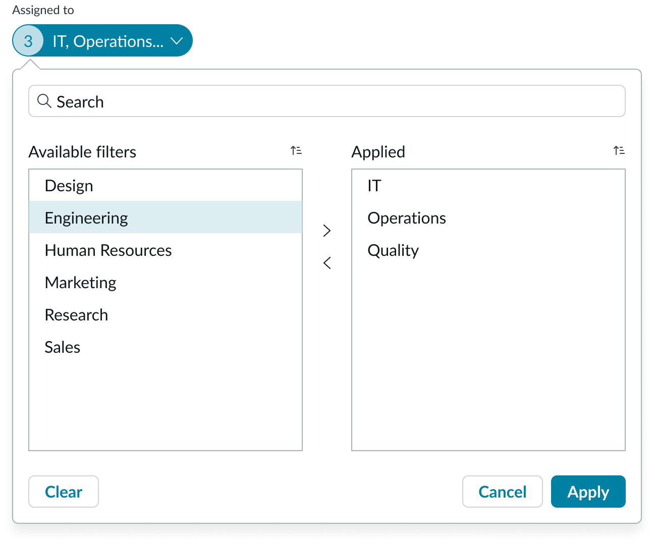 Mulit-select filter allows users to move available items to the panel on the right with the arrow icons to select the items. Apply button enables the user to apply the selections