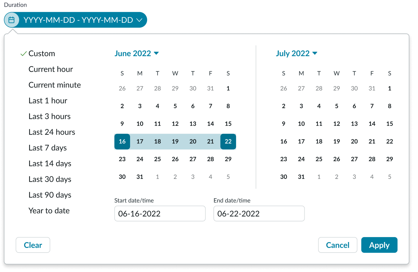 date filter showing date ranges in popover