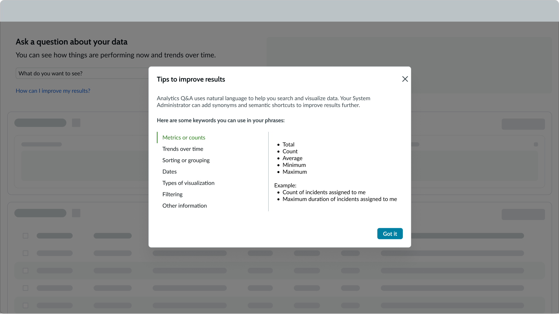 modal with tips for improving queries in analytics Q&A