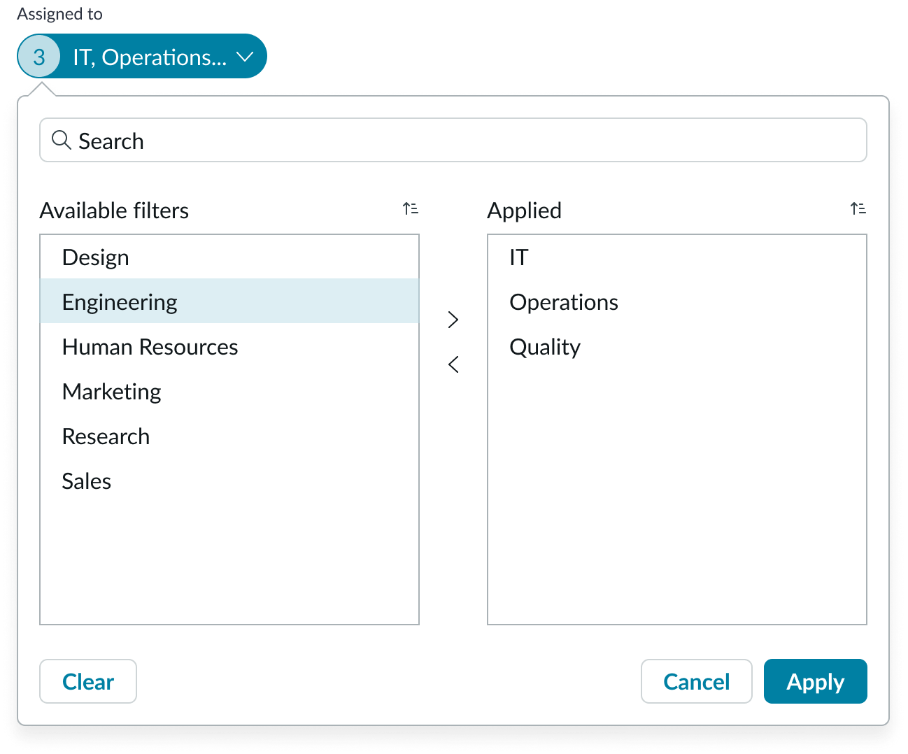Mulit-select filter allows users to move available items to the panel on the right with the arrow icons to select the items. Apply button enables the user to apply the selections