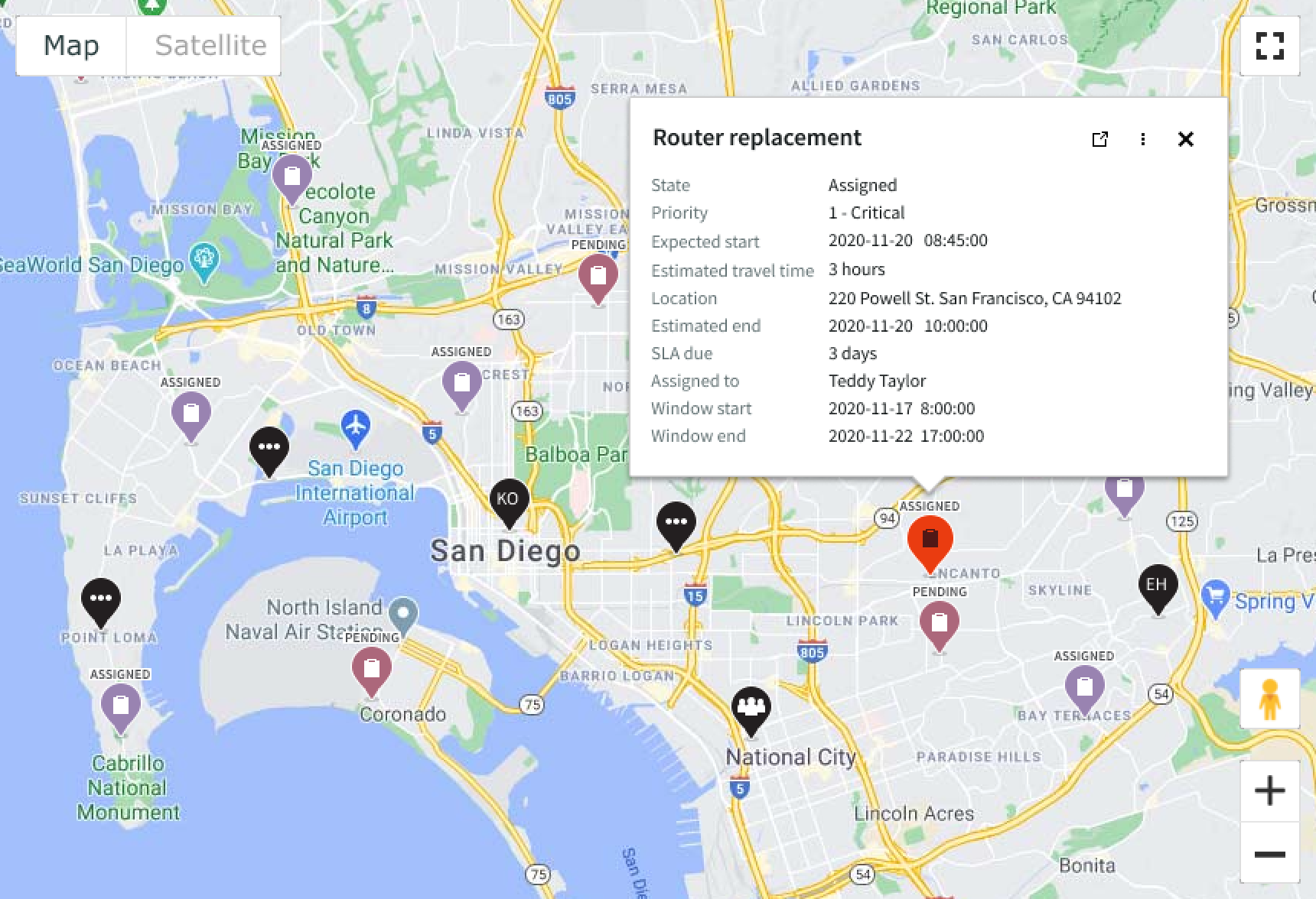 task marker selected with popover details