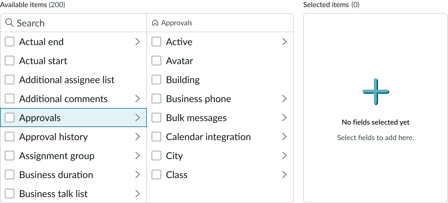 Shows the two-panel view type of list selector with two panels for available items