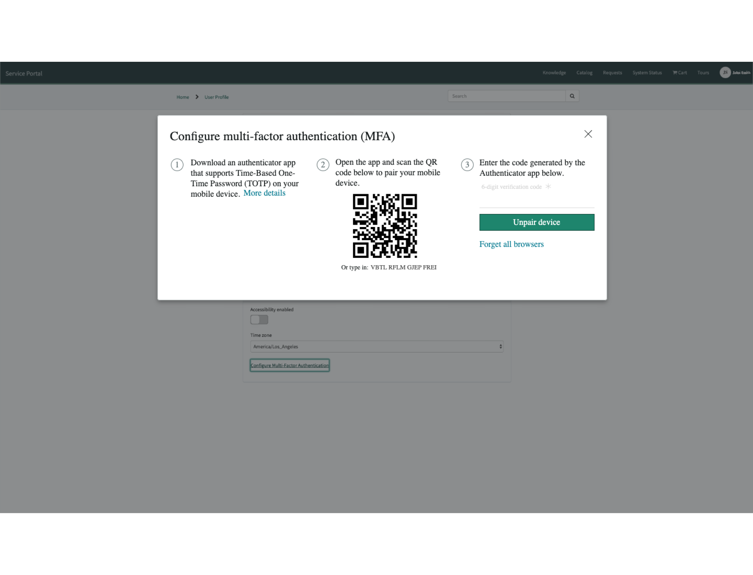MFA setup component positioned on a user profile page