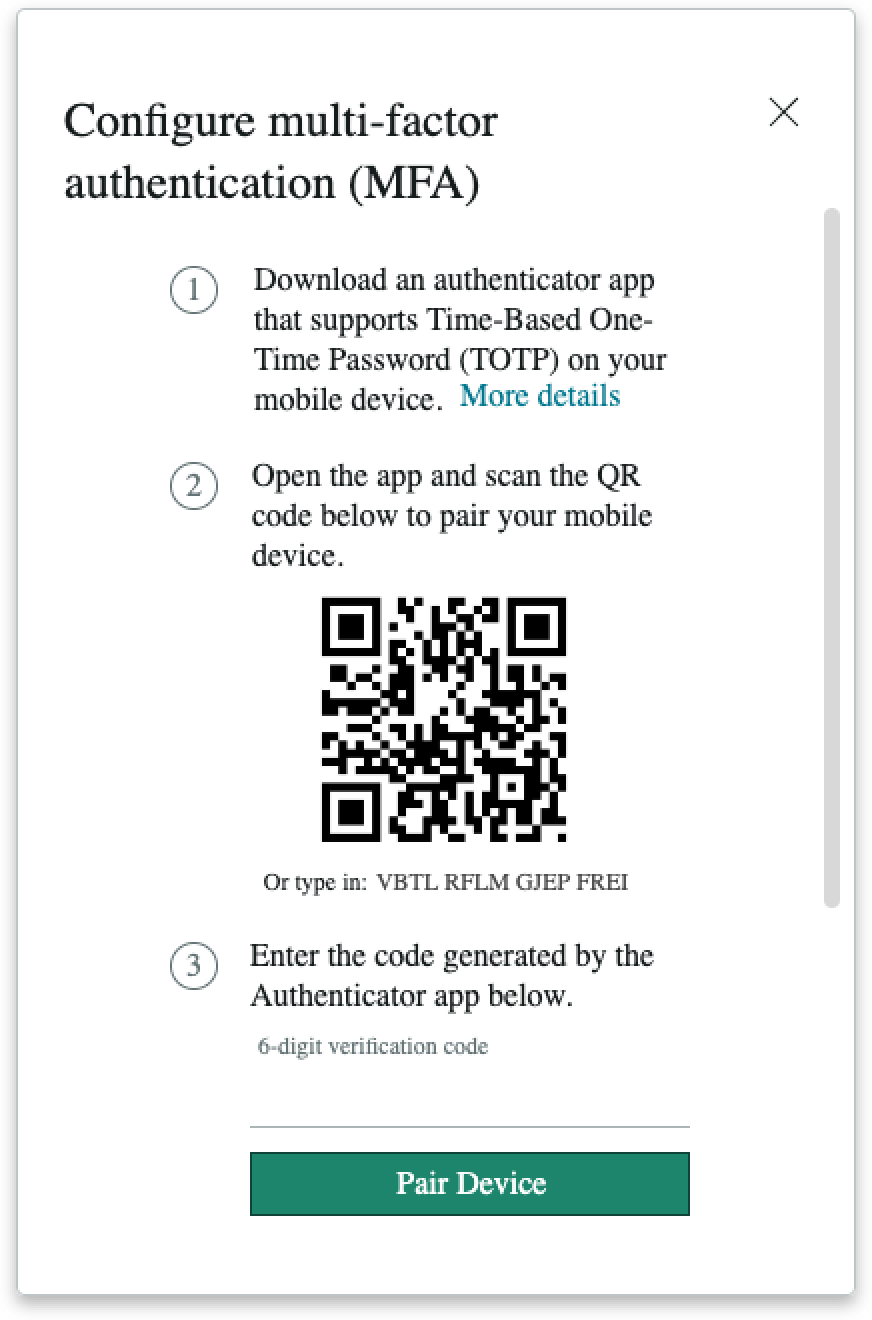MFA setup screen with overflow scrollbar