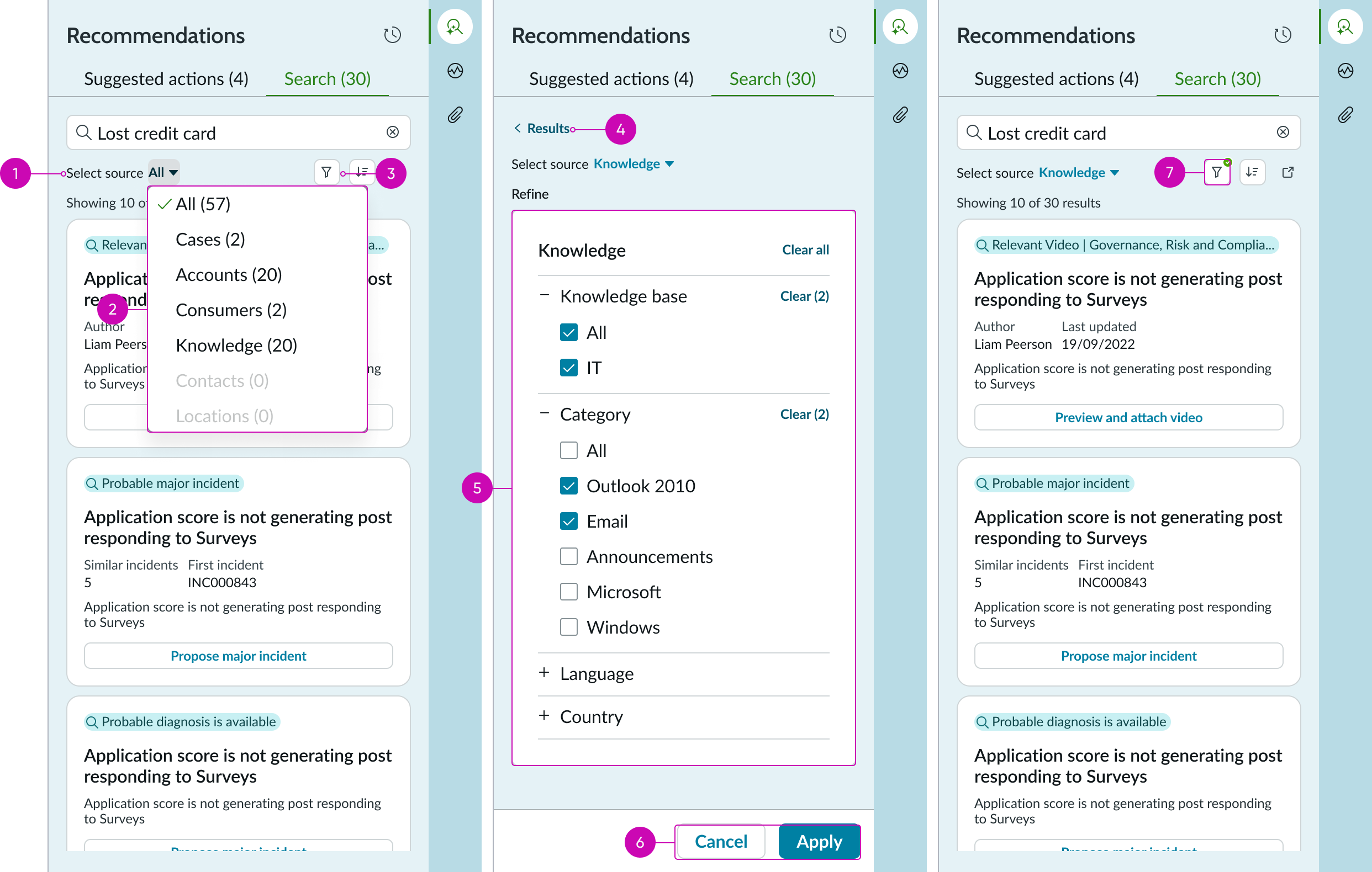 Anatomy of the recommended actions history panel