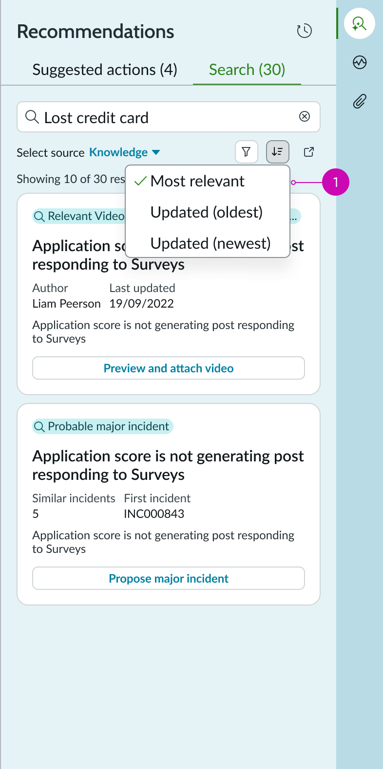 Anatomy of the recommended actions history panel
