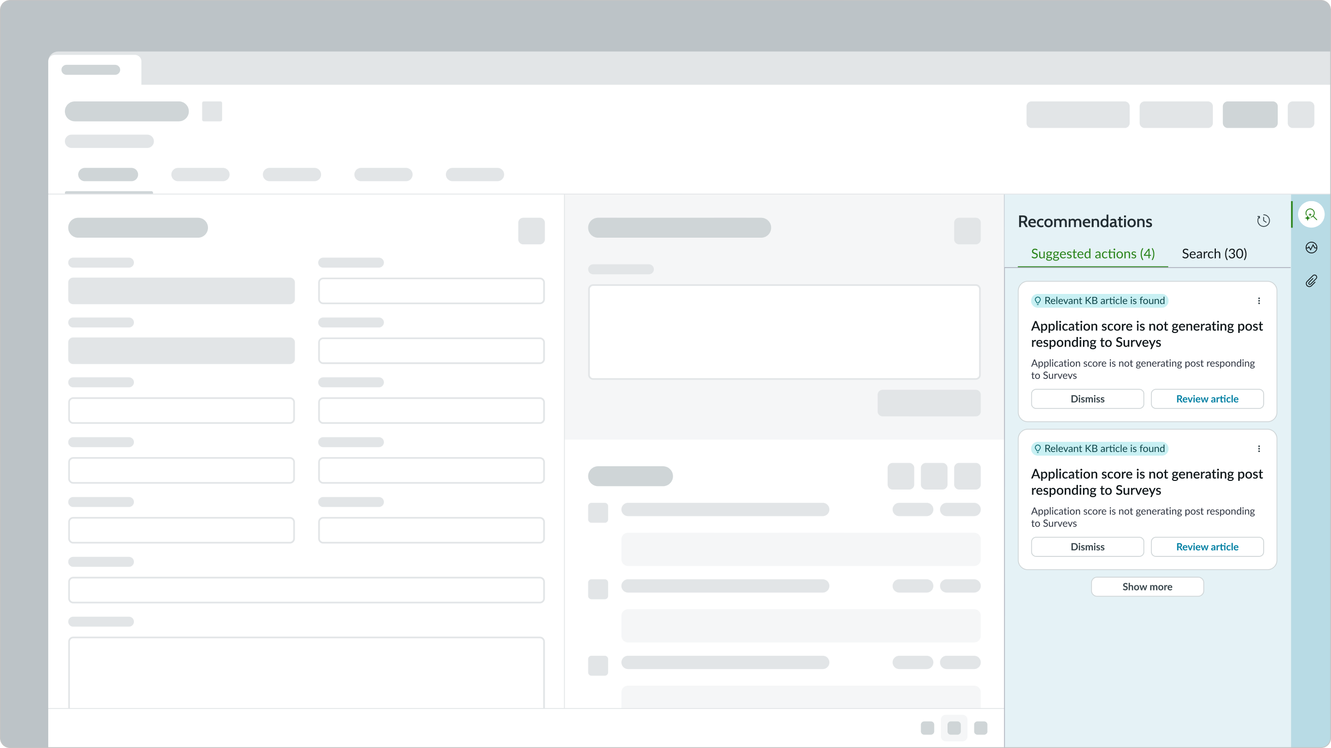 Recommended action panel displaying from an iconic button in the contextual sidebar of a case record