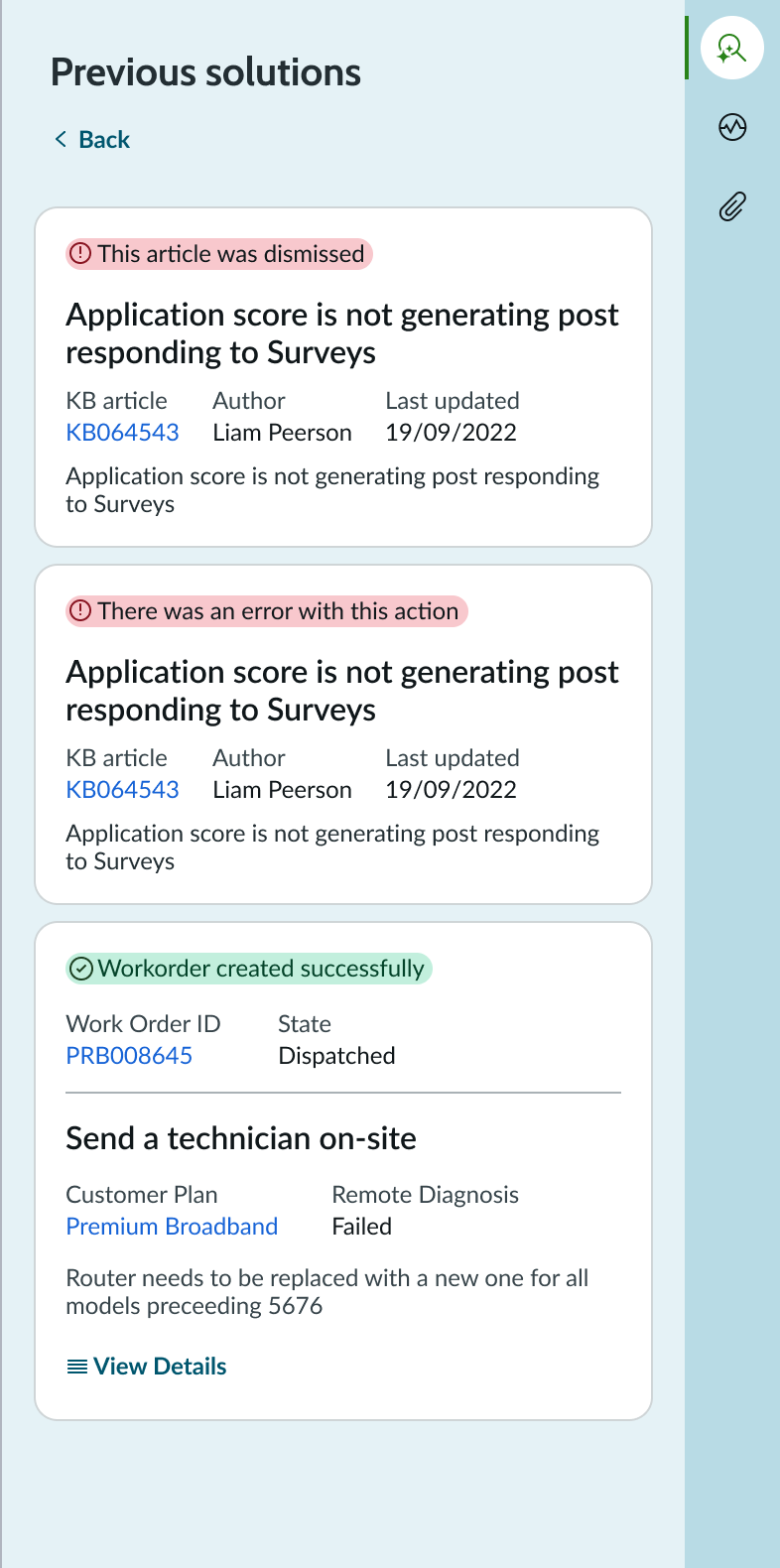 Example of a custom title for the recommended actions history panel