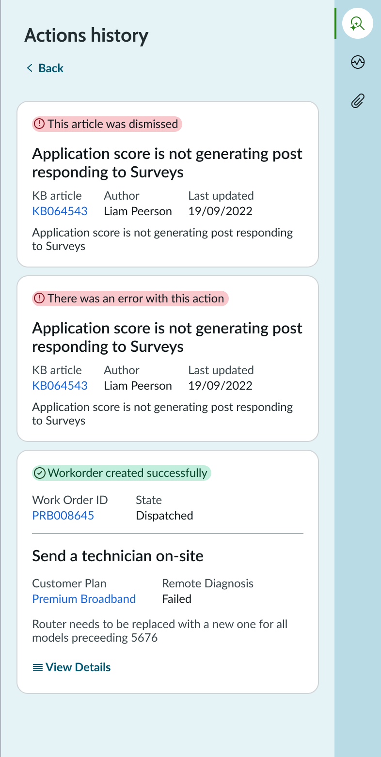 History tab showing successful actions taken for a case in the past