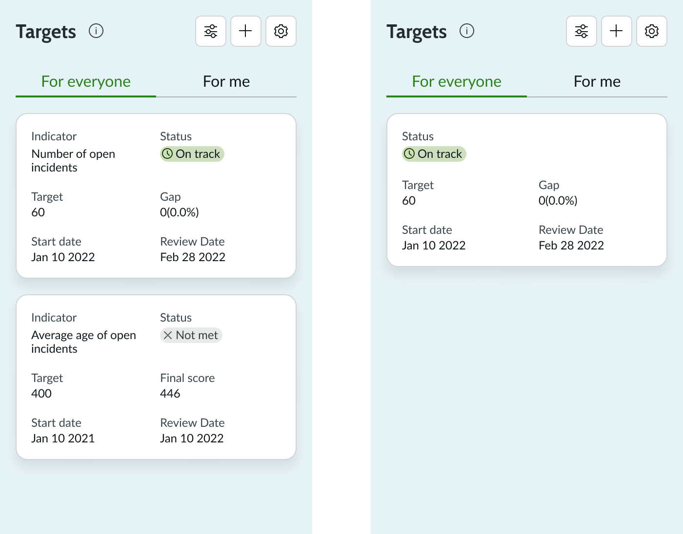 target list with card titles on the left and without card titles on the right
