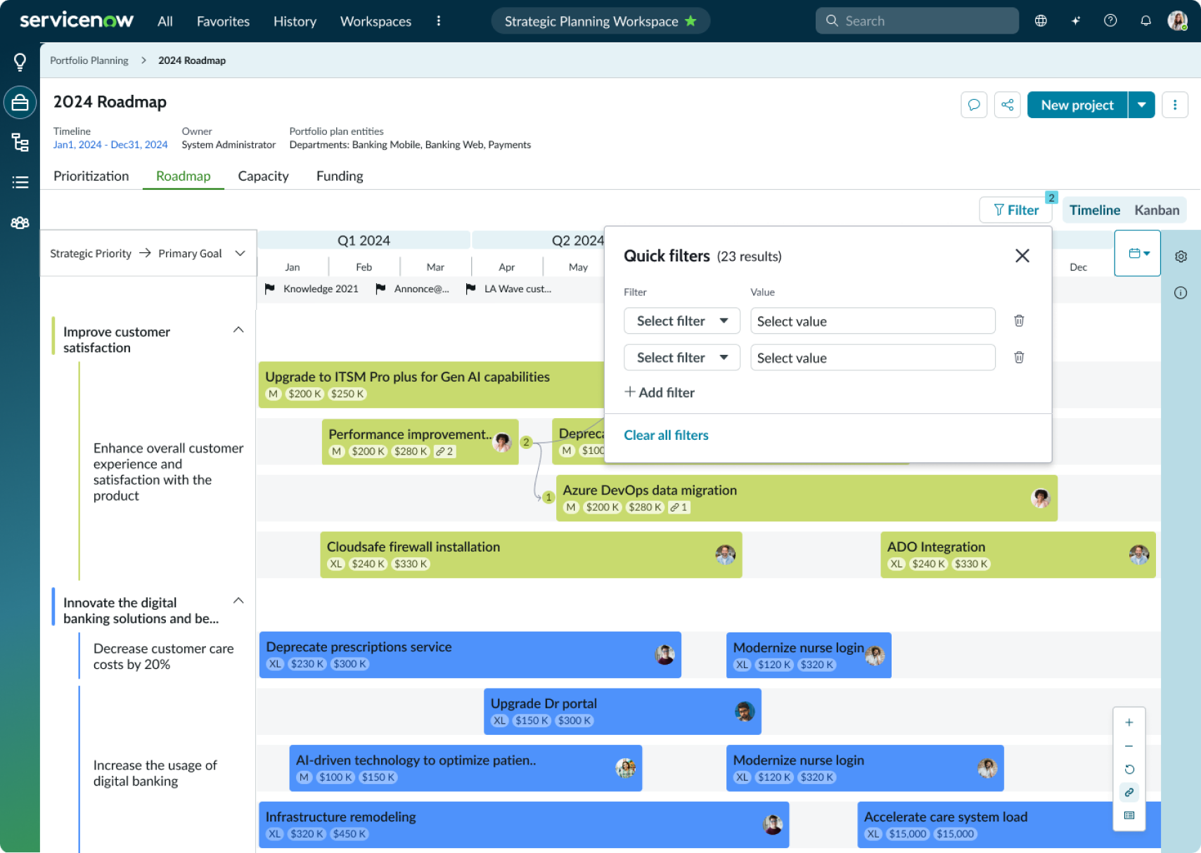 Example of quick filter used in a popover to create filters for multiple views of data