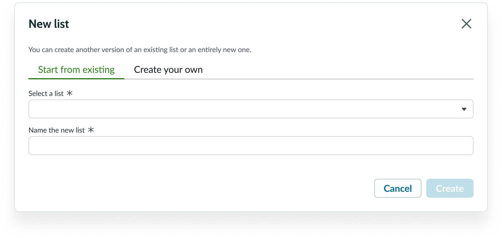 Shows the modal that appears to allow a user to create a custom list