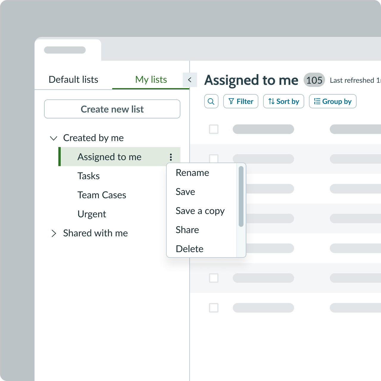Shows the list actions in the My Lists tab for editing custom lists