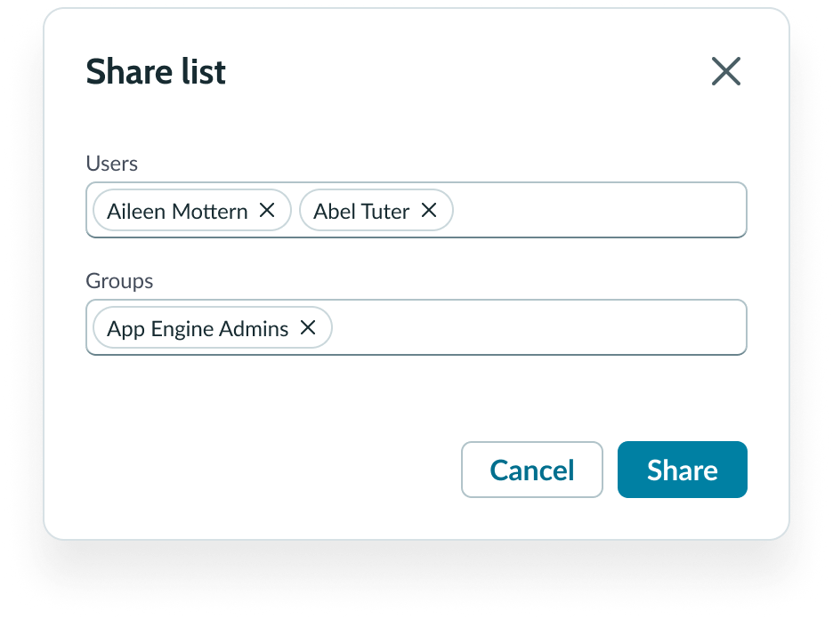Shows the modal for sharing a list that names individual recipients and groups